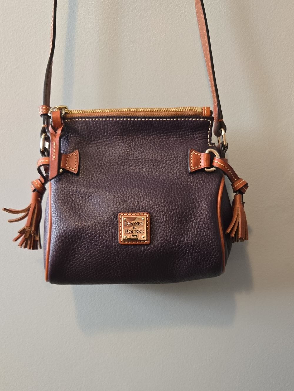 Dooney & Bourke Dark Purple Pebble Leather Crossbody with Tan Trim